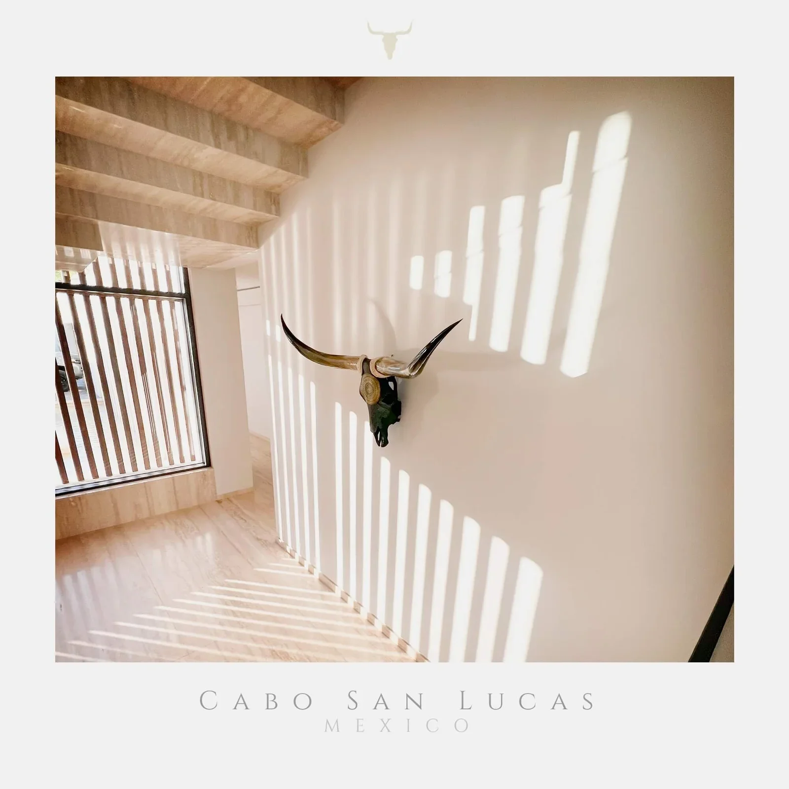 Cabokero artwork on a sunlit wall below timber beams in a Cabo San Lucas home