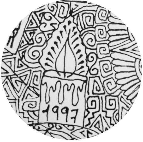 A candle painted on a Cabokero piece, with the year 1997 clearly written beneath the flame