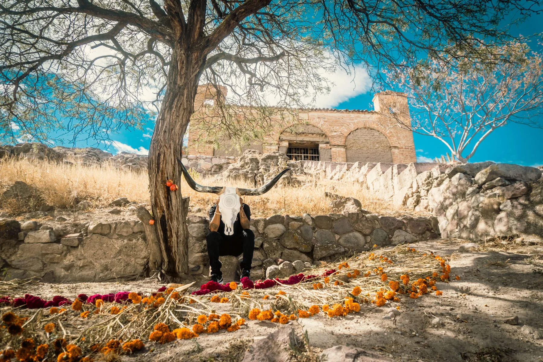 Ricardo in a cemetery in Mitla among stone walls, trees and marigold offerings