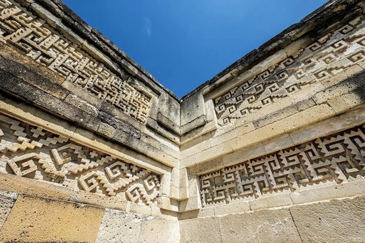 Ancient stone walls and geometric grecas at the archaeological site of Mitla, Oaxaca